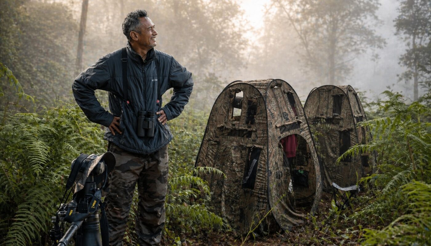 birding guide with camera gear and hides in Chiang Dao forest showing that equipment alone is not enough in birdwatching