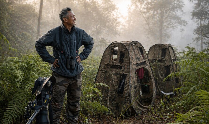birding guide with camera gear and hides in Chiang Dao forest showing that equipment alone is not enough in birdwatching