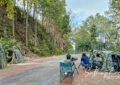 Bird photographers using camouflage hides along forest road in northern Thailand